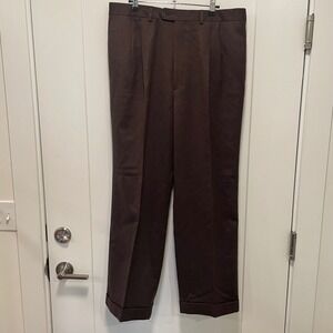 Paul Stuart Mens Brown Virgin Wool Pleated Cuffed Dress Pants Made in Italy 36